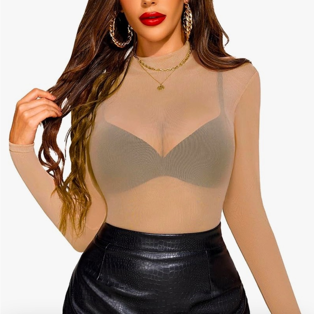 Women’s Trendy Sexy Mock Turtle Neck Long Sleeve Sheer Mesh